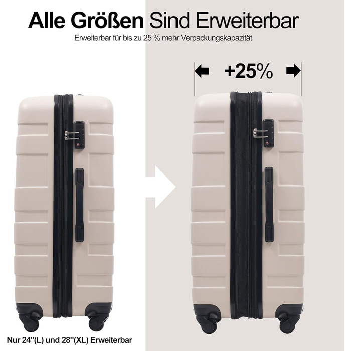 Набір валіз Merax 5 шт. (M-L-XL) з ABS-пластику, TSA-замок, розширювані, з сумкою та косметичкою, Бежевий + Чорний