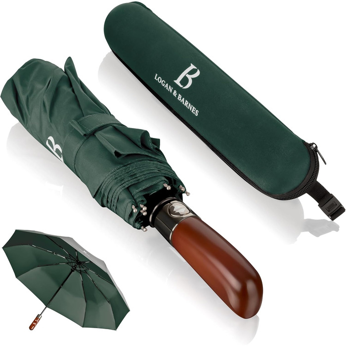 Зонт LOGAN & BARNES Dublin: штормовий, з дерев'яною ручкою, тефлонове покриття, темно-зелений