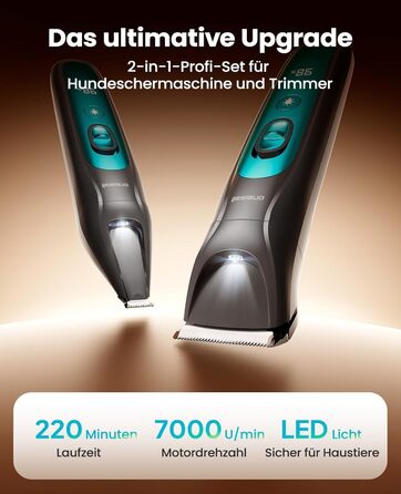 Машинка для стрижки собак та котів oneisall 2-в-1 з тримером для подушок, LED-підсвічуванням, тиха, акумулятор 2000 mAh, для густого та кучерявого хутра, синього кольору