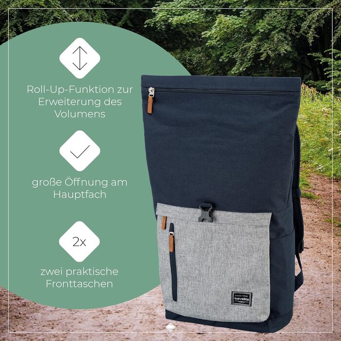 Рюкзак Travelite для ручної поклажі, рюкзак для ноутбука 15.6 дюймів, BASICS, туристичний рюкзак Rolltop, 60 см, 35 літрів, Marine/Gray