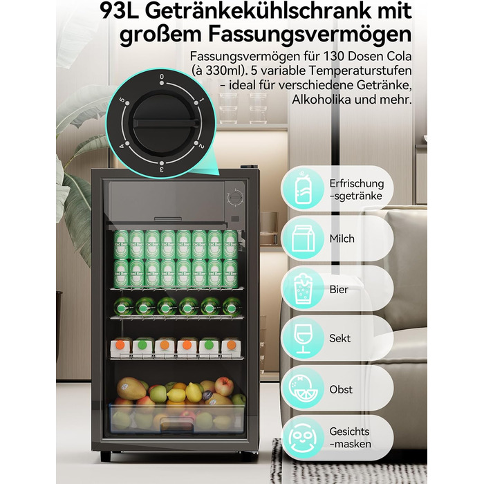 Холодильник для напоїв Devoko 93L з скляними дверцятами та LED-підсвіткою. Регульовані полиці для колі, пива та вина. Чорний колір, ідеально для дому та офісу.