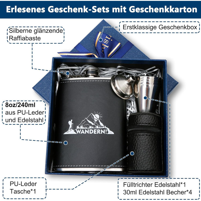 Термос-фляга LILABIENE з гравіюванням для туризму та походів у гори. Набір з чашкою, нержавіюча сталь, шкіра, чорний колір. Ідеально для чоловіків, на День батька, на День народження, на Миколая, на Різдво. Об'єм 8oz/240ml