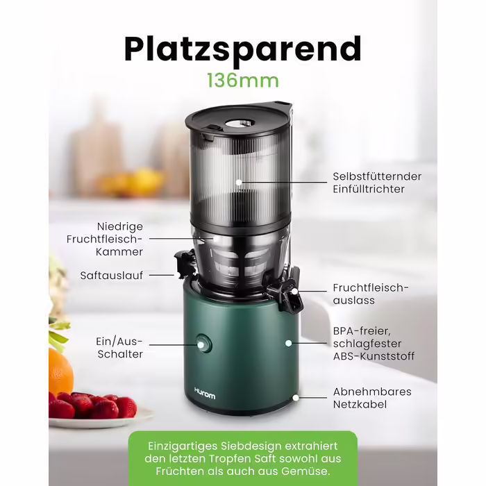 Hurom Slow Juicer | Juices Vegetables and Fruit | H320N | Electric Cold Press | Quiet Motor | Easy to Clean with Large Container and Siebfilter 2L | 200 Watts | BPA Free | Dark Green Deep Green