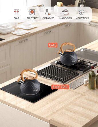 Чайник BELANKO Teekessel 2.7л з свистком, з дерев'яною ручкою, з нержавіючої сталі, чорний матовий, для плити, індукції, діамантовим дизайном