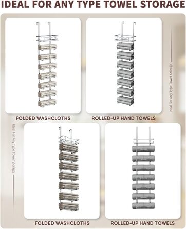 Настінний тримач для рушників у ванну кімнату, без свердління, 6-ярусна наддверна полиця для рушників, багаторівневий тримач для рушників на двері, для компактних ванних кімнат (срібний, 8 ярусів)