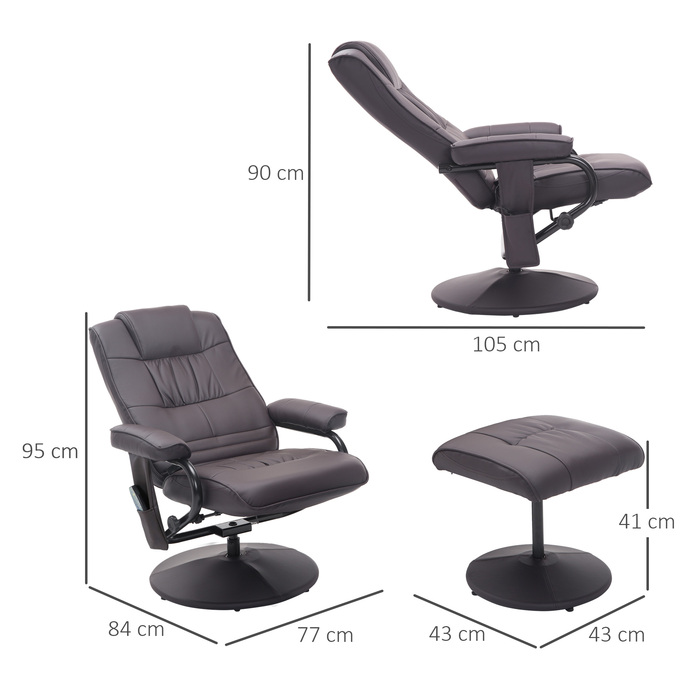 HOMCOM Massage Chair with Ottoman, Swivel Recliner with Massage Function, Electric TV Chair with Reclining Function, Remote Control, Faux Leather, Brown