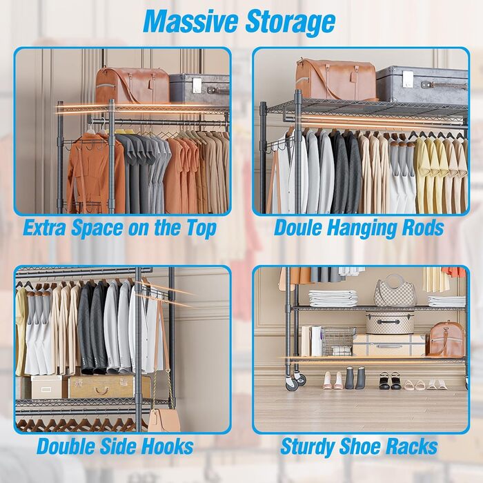 Double Clothes Rack/Garment Rod with Adjustable Shelves, Heavy-Duty Clothes Rack with 2 Hooks, Clothes Rack with Wheels, 90 * 42 * 205cm, White (Gray, 90*42*205cm)