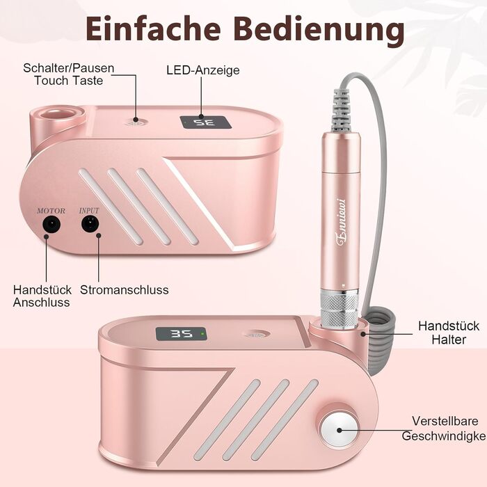 Електричний фрезер для нігтів Rose - манікюр та педикюр, набір з 6 фрез, 35000 об/хв, для гелю та акрилу