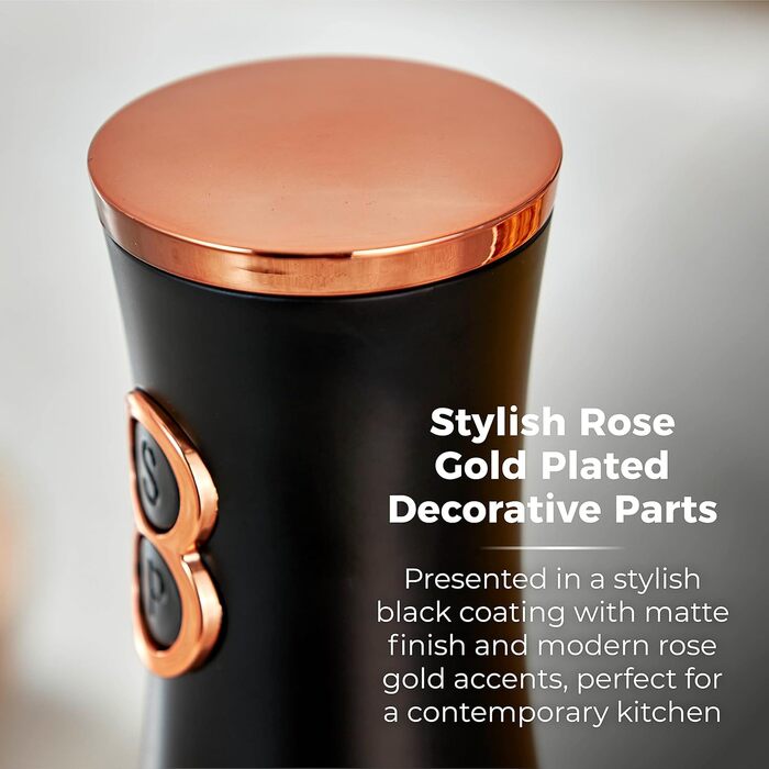 Електричні соляні та перечні млини Tower, рожевий та рожеве золото, з регульованими керамічними жорнами, працюють від батарейок, T847004PNK (Чорний)