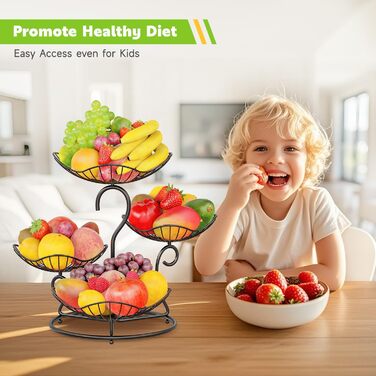 PouHenier 5-ярусна металева фруктова корзина для зберігання фруктів та овочів, чорного кольору з підставкою для бананів