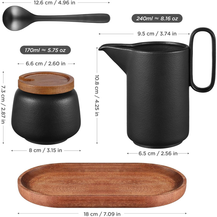 Набір для молока та цукру Ecooe: молочник і цукорниця з кришкою та металевою ложкою, кераміка, чорний колір