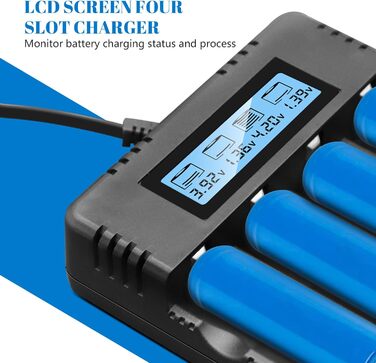Зарядний пристрій для акумуляторів Li-Ion з LCD-дисплеєм: швидка зарядка 4 слоти, сумісний з 26650/18650/14500/16340