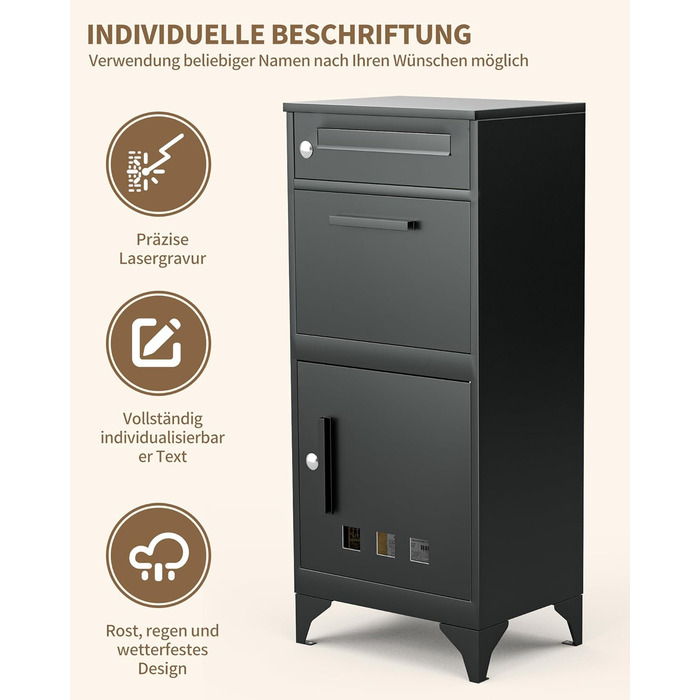 Поштовий ящик вуличний Edestah Anthrazit з газетницею (37x37x10 см), персоналізований з табличкою для імені, захист від реклами, поштова скринька