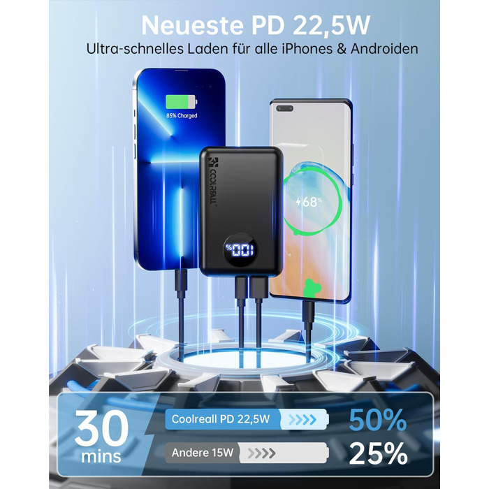 Power Bank Coolreall 20000mAh з LED дисплеєм та швидкою зарядкою (22,5W PD, QC4.0), сірий