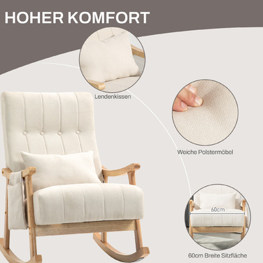 HOMCOM Rocking Chair, Padded Rocking Chair with Lumbar Pillow, Side Pocket, Recliner, Wooden Frame, Linen-Look for Living Room, Bedroom, Beige