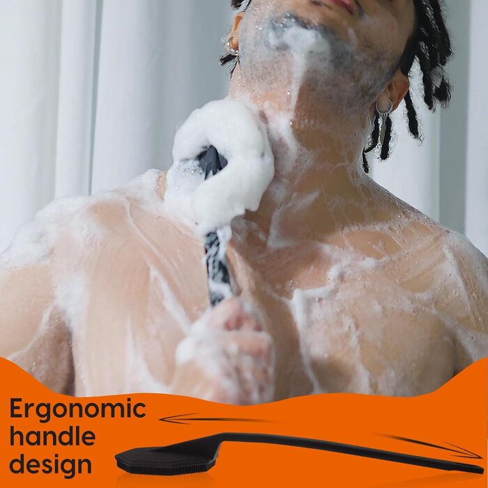 Силіконовий скребок для тіла під душ з довгим руків'ям, двостороння дзеркальна щітка для душу для скрабу та масажу, створює багато піни, скребок для спини з довгим руків'ям для чоловіків (Елегантний чорний)