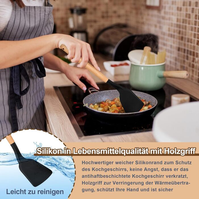 Набір кухонних аксесуарів Homikit 9 шт. з чорного силікону та дерев'яними ручками