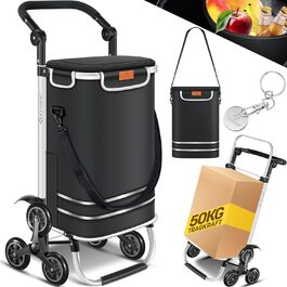 KESSER® Тележка для покупок зі сходами, з термосумкою, 56л, до 50кг | 3в1: тележка, візок, сумка через плече | Чорний
