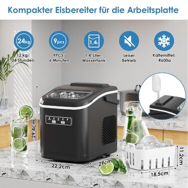 Машина для приготування льоду, 12 кг/24 год, чорна. Виробляє 9 кубиків за 6 хвилин, 2 розміри кубиків, самоочищення, з лопаткою та кошиком. Підходить для дому, офісу, бару, вечірки.