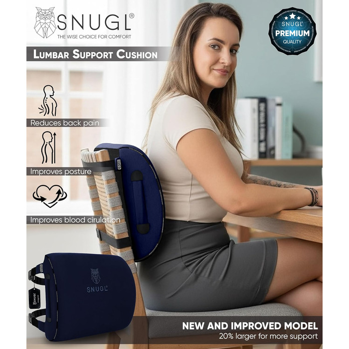 Подушка для попереку SNUGL для офісного крісла, ортопедична подушка з піни Memory Foam для підтримки спини, коректор постави для жінок та чоловіків, автомобільна подушка (Темно-синій)