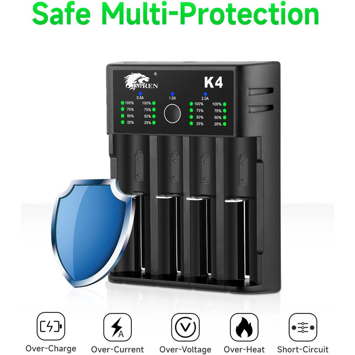Зарядний пристрій IMREN 18650 з 4 слотами, 2A, USB-C для Li-Ion акумуляторів 18350, 14500, 14650, 17500, 18700, 20700, 21700, 22650, 26650, 1.2V NI-MH/NI-Cd AA AAA C