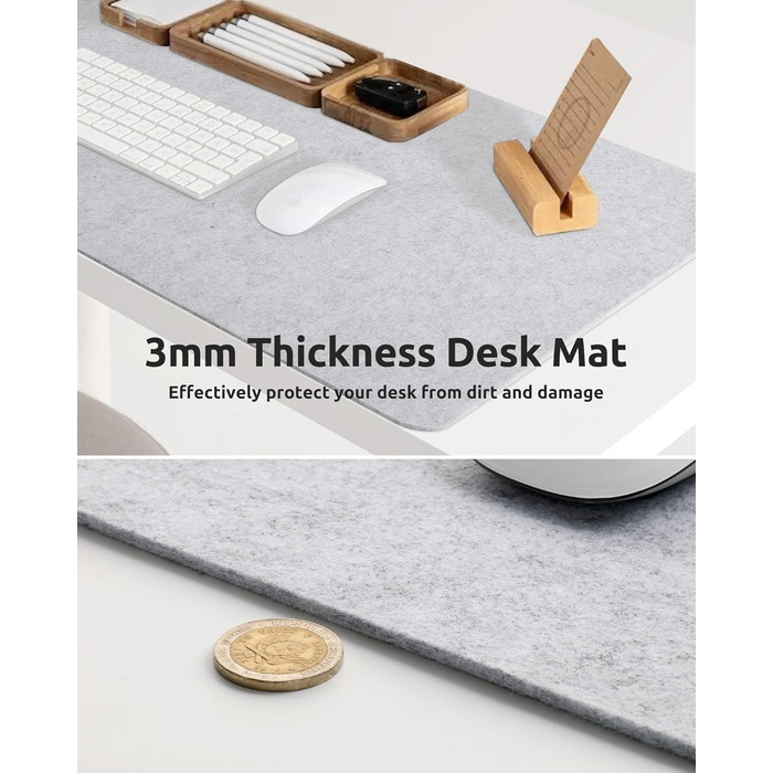 Килимок для столу YSAGi повстяний 90x40 см, антиковзкий, для миші та клавіатури, офіс/дім, світло-сірий