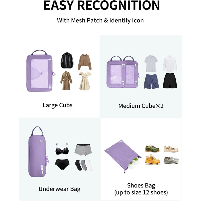 Набір органайзерів для валізи ECOHUB (5 шт.) - компресійні куби для подорожей, рюкзаки, валіза, органайзер для одягу (темно-зелений, світло-фіолетовий)