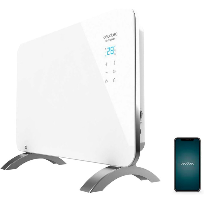 Конвектор Cecotec Ready Warm 6670 Crystal Connection з скляною панеллю, 1000 Вт, WiFi, термостат, таймер, підставка, для ванної кімнати (IP24), тихий, білий
