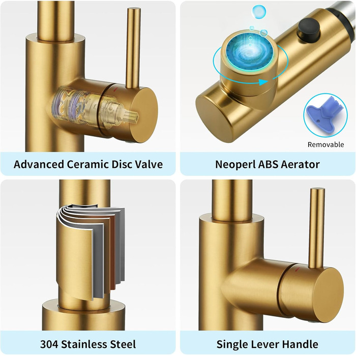 Кран кухонний CREA з 3 функціями: душ, висувний вилив, поворот на 360°, матовий золотий