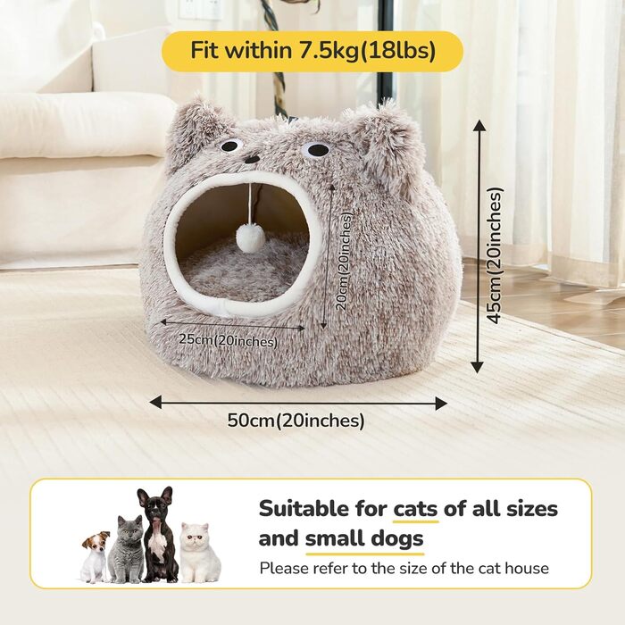 CATISM Cat Cave Cat Bed Washable Cat Sleeping Place for Cats Cute Monster Plush Pet Cat Head Pillow Cat House Cat Cushion Fluffy Kitten Puppy Snuggle Bed Pet Bed (Coffee)