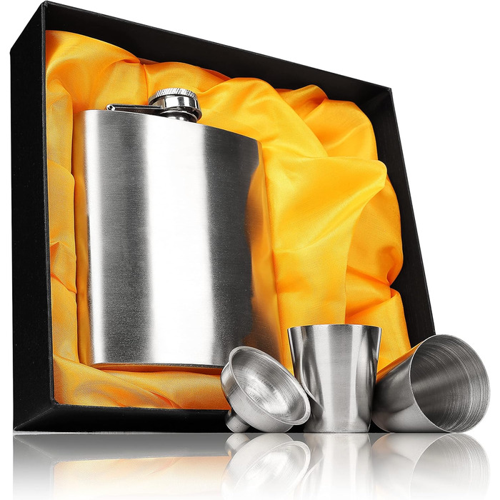 Фляга з нержавіючої сталі з 2 склянками для шнапсу та воронкою в подарунковій коробці, з гвинтовим кришкою, кишенькова пляшка