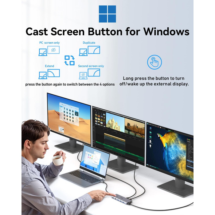 Док-станція USB C 13 в 1 для трьох моніторів: Dual HDMI 4K, DisplayPort, 10G USB 3.1, Ethernet, PD 100W, аудіо/мікрофон, сірий