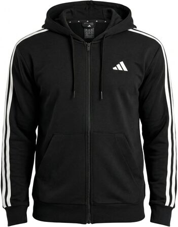 Чоловіча толстовка-худі Adidas Essential Three Stripes на блискавці, френч-террі, чорна/біла, розмір XL