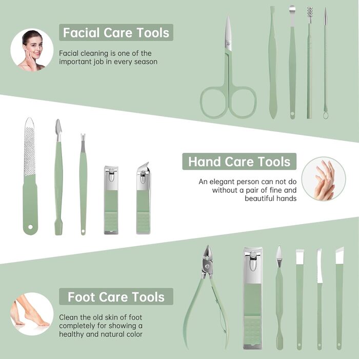 Набір для манікюру та педикюру 16 предметів: професійний набір для підстригання нігтів, чоловічий/жіночий (зелений)