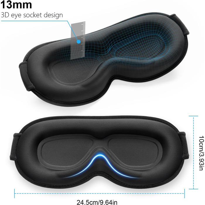 Маска для сну Gritin 3D для тих, хто спить на боці, дихаюча, з регульованою гумкою, блокує світло, зручна та ергономічна, для чоловіків та жінок, 2 пари вушних затичок, чорний