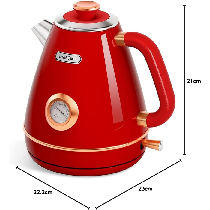 Електричний чайник Hazel Quinn Retro з термометром, з нержавіючої сталі, без пластику, 1.7 л, 2200 Вт, автоматичне вимкнення, вінтажний дизайн, Rudy Rot