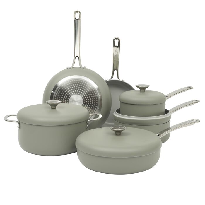 Набір посуду Sur La Table Kitchen Essentials 10 предметів: каструлі та сковороди з титановою керамікою, індукція, без PFA, зелений