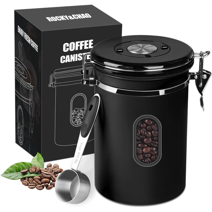 Контейнер для кави ROCKY&CHAO 1.8L з нержавіючої сталі, герметичний, з віконцем, для кавових зерен, чаю, горіхів, какао