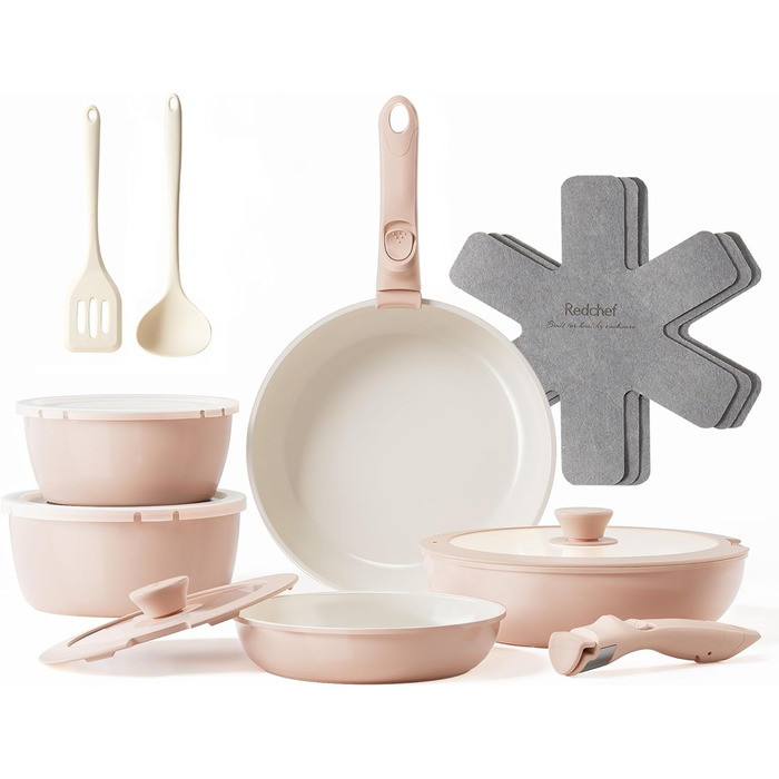 Набір посуду Redchef 16 предметів: каструлі та сковороди з керамічним антипригарним покриттям, знімні ручки, без PFAS, PFOA та PTFE, для кемпінгу та приготування їжі, сумісний з духовкою (колір: рожевий)