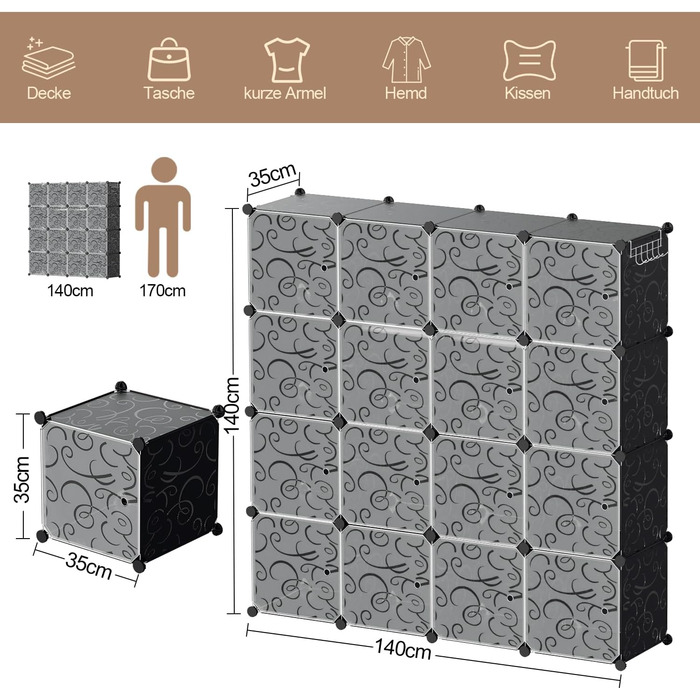 DIY Closet Shelf System with 16 Cubes, Wardrobe, Open Closet, Plastic Wardrobe with Doors, Wardrobe Cabinet, Black, 180 x 142 x 37CM (Black 16 Cubes with Clothes Hooks)