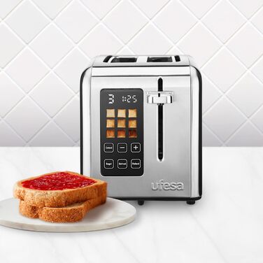 Ufesa Digital Future Toaster, Stainless Steel with 2 Slices, 950W Power, 9 Browning Levels for Bread and Bagels, Touchscreen, Defrost Function, 2 Wide Slots, Inox Screen