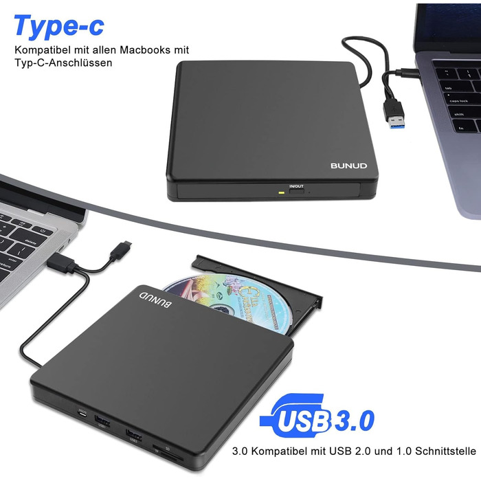 Зовнішній CD/DVD привід BU USB 3.0 & Type-C, DVD+/-RW Brenner з картридером SD/TF та USB-портами для ноутбука, ПК, MacBook, Windows 11/10, macOS, чорний