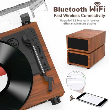 Вініловий програвач Udreamer з Bluetooth 5.3 та динаміками: ретро програвач, 3 швидкості, AUX, RCA, USB, Braun