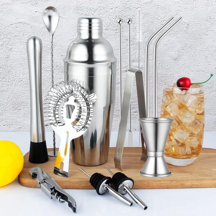 Набір бармена з нержавіючої сталі 14 предметів, 750 мл - професійний, для приготування коктейлів, барний інструмент, подарунок