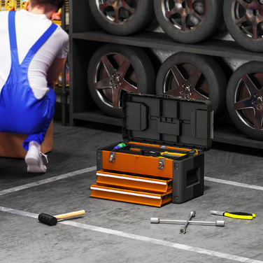HOMCOM Empty Tool Box, 49.7 x 25.3 x 28.9 cm Tool Case with Drawer, Mini Box, Upper Storage Compartment, Handle, Steel Tool Case, Orange | Aosom