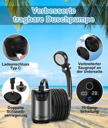 WADEO Portable Camping Shower Battery with Pump, Camping Shower with Rechargeable 6000/8000mAh Battery, Mobile Showers Outdoor Showers with Shower Head and Hose, for Camping Trips, Garden, Car Washing (Gray, 10 Galls and with Double Digital Display)