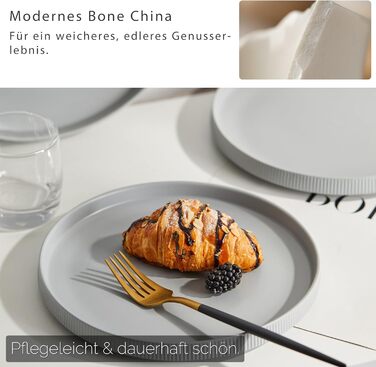 Набір посуду Jiwoo для 4 осіб (12 предметів): тарілки, десертні тарілки, супові миски. Bone China, матовий сірий колір, для мікрохвильовки та посудомийної машини