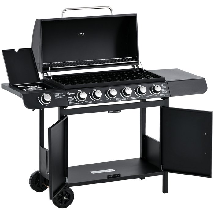 Газовий гриль Outsunny BBQ з візком, 6 конфорок, 1 бічна конфорка, шафка, багатофункціональний, метал, чорний, 135 x 50 x 100 см | Aosom