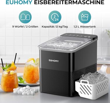 EUHOMY Ice Maker Machine - Compact Design, 12KG/24H Production, Automatic Cleaning, Smart Alerts, Transparent Lid