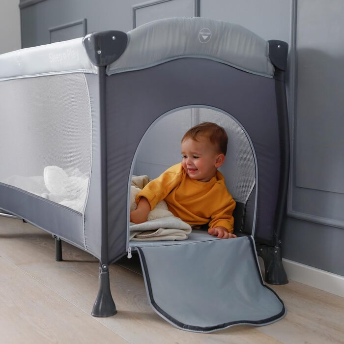 Hauck Sleep N Play Go Plus Travel Cot with Carry Bag, Wheels, Crawl-Through Opening, Compact Folding, Baby Travel Cot for Toddlers from Birth up to 15 kg (Stone) Stone Sleep N Play Go Plus
